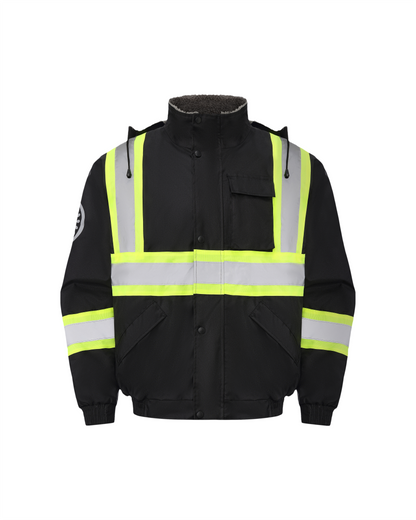 Kiwi High Visibility Hooded & Sherpa Lined ANSI/ISEA 107-2020 Reflector Contrast Trimmed Water Resistant Black Safety Jacket [71200]