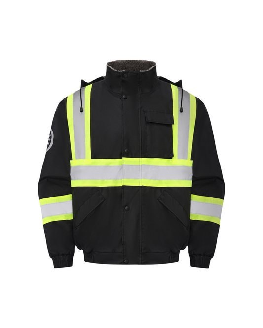 Kiwi High Visibility Hooded & Sherpa Lined ANSI/ISEA 107-2020 Reflector Contrast Trimmed Water Resistant Black Safety Jacket [71200]