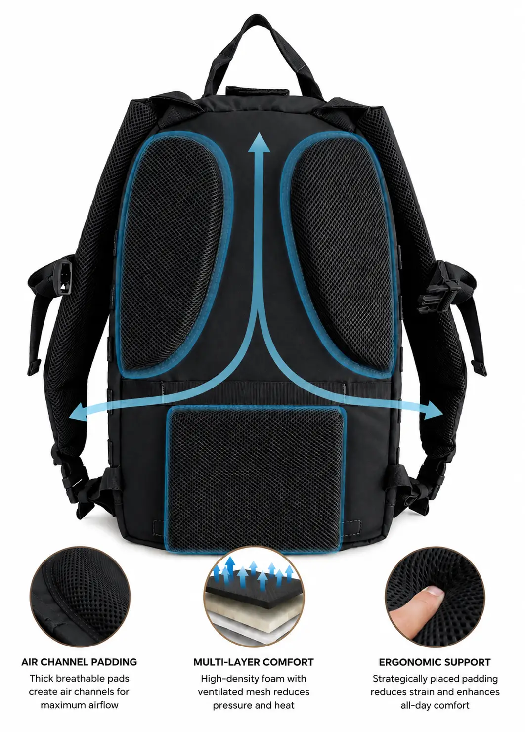 SquatchSurvivalGear Mothman Backpack black EDC small backpack with blue air-channel padding on Tampa Home & Garden Store