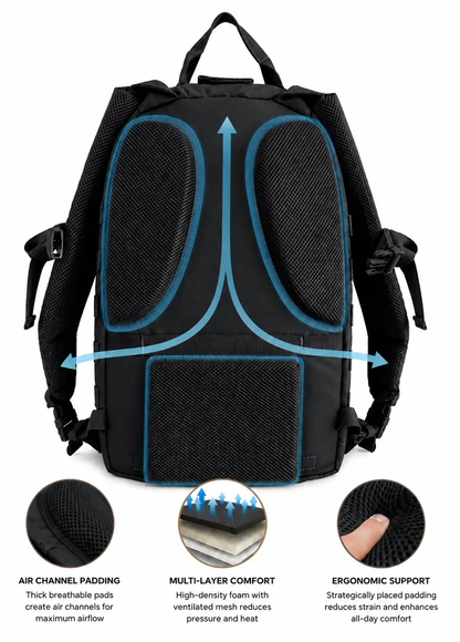 SquatchSurvivalGear Mothman Backpack black EDC small backpack with blue air-channel padding on Tampa Home & Garden Store