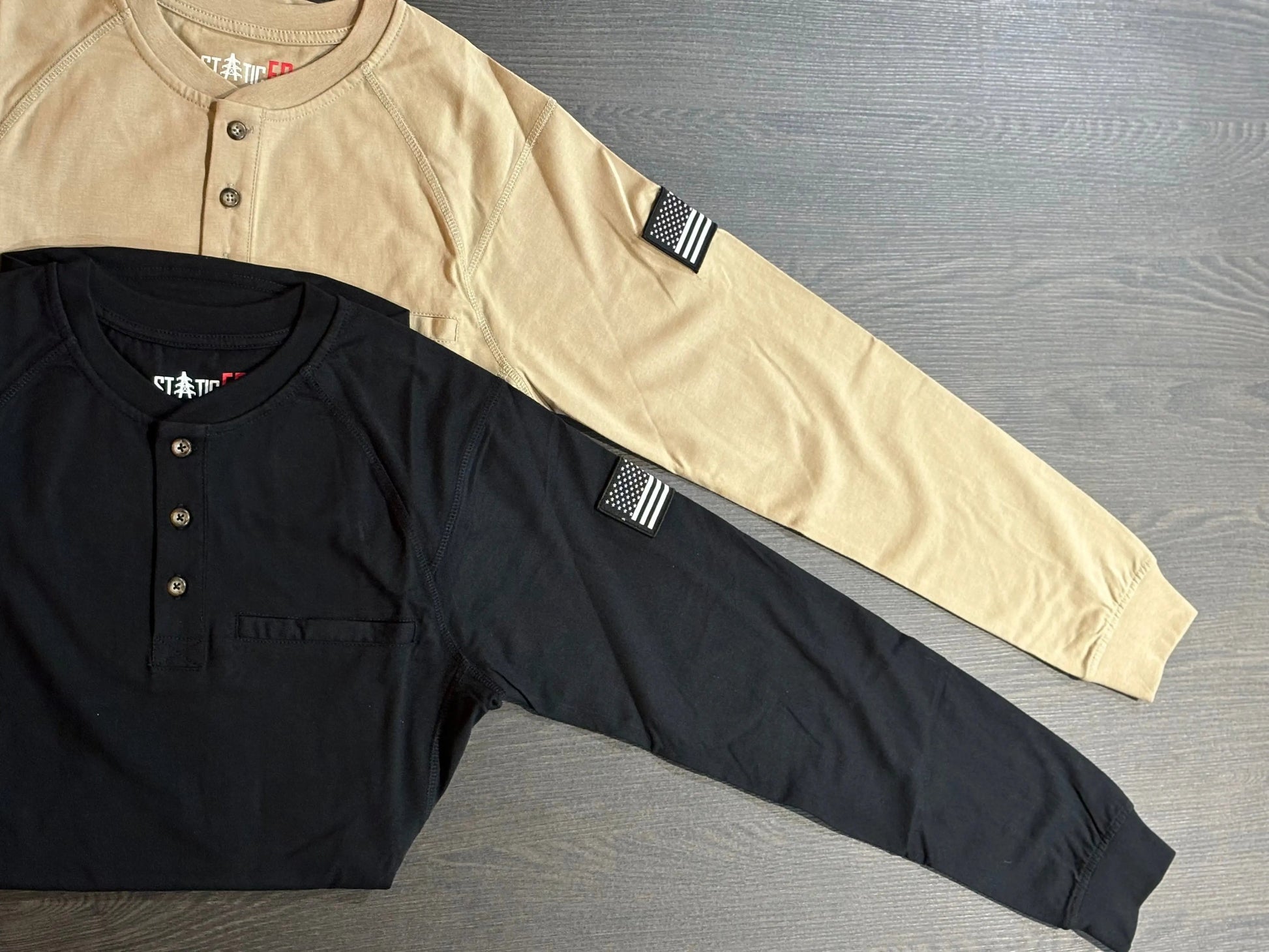 FR 3-Button Henley Shirt Black with chest pocket and US flag sleeve patch; Static FR on Tampa Home & Garden Store