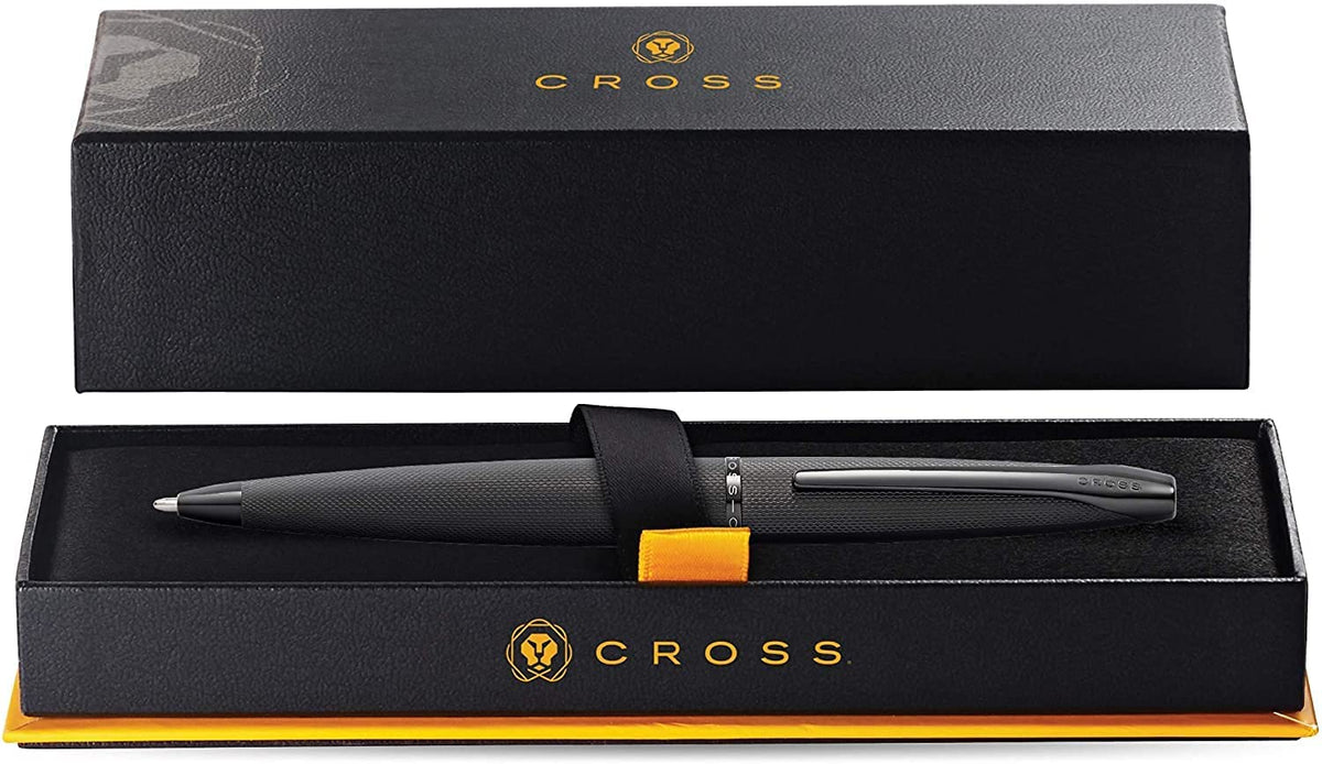 ATX Brushed Black Ballpoint Pen by Cross in a black box with gold CROSS logo and orange base on Tampa Home & Garden Store