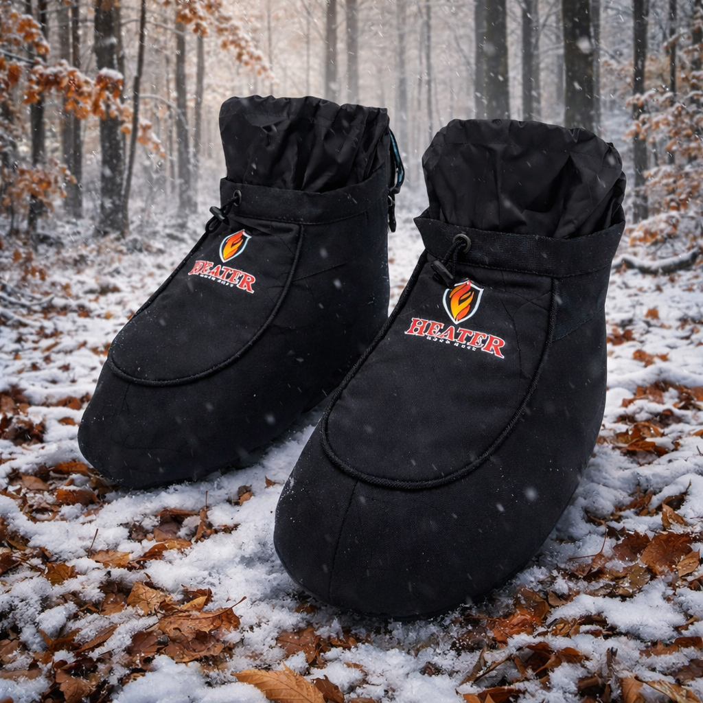 Heater boot covers, black windproof waterproof pair with logo patch in snowy forest on Tampa Home & Garden Store