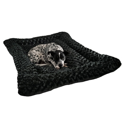 Dog Bed Rectangle Bolstered Furvana Cloud plush black bed with a speckled dog on Tampa Home & Garden Store
