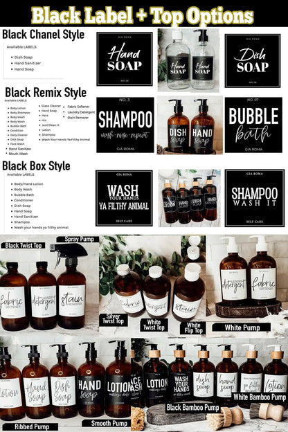 16oz Boston Amber Glass Soap Bottle Black Label