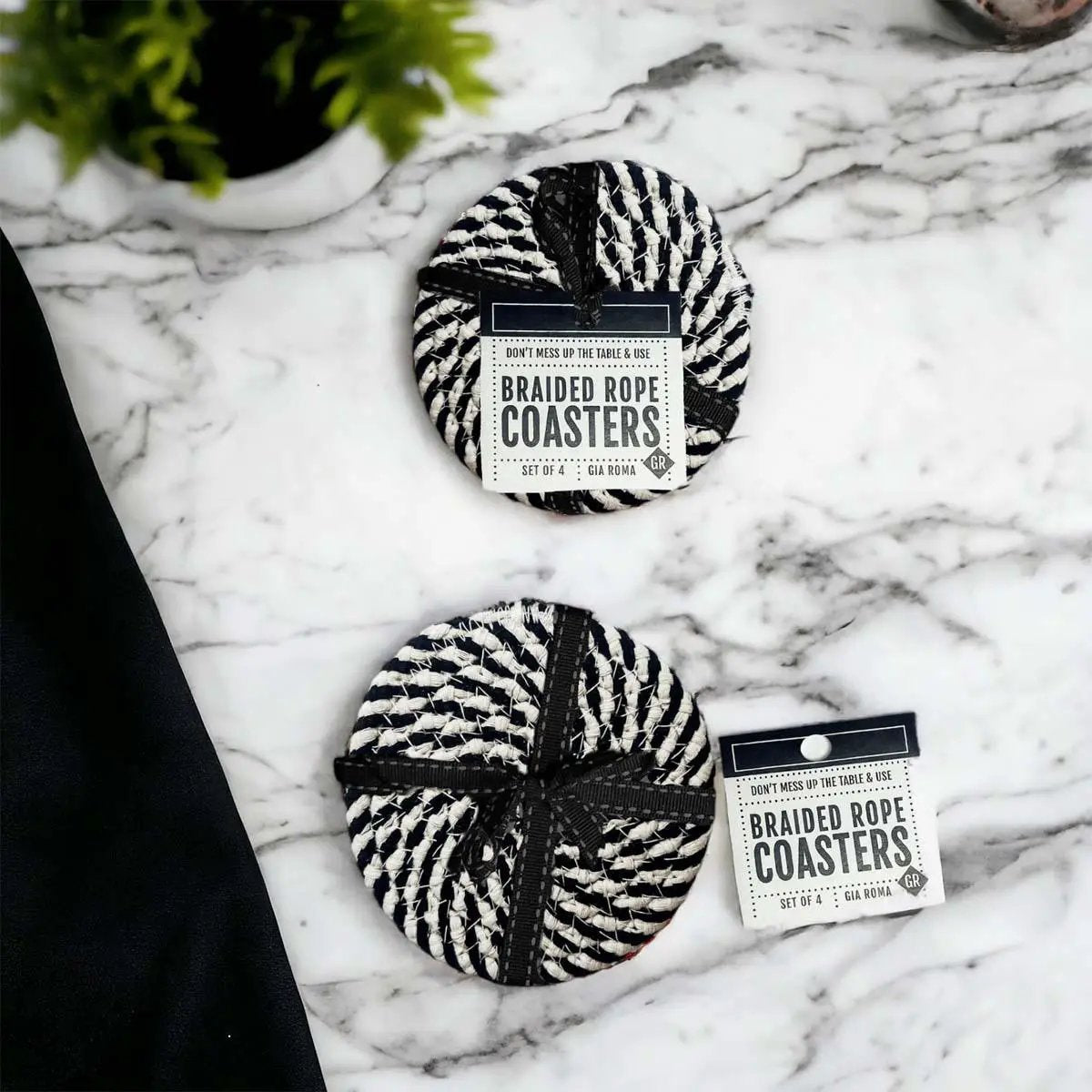 Black White Braided Rope Coasters Set of Four