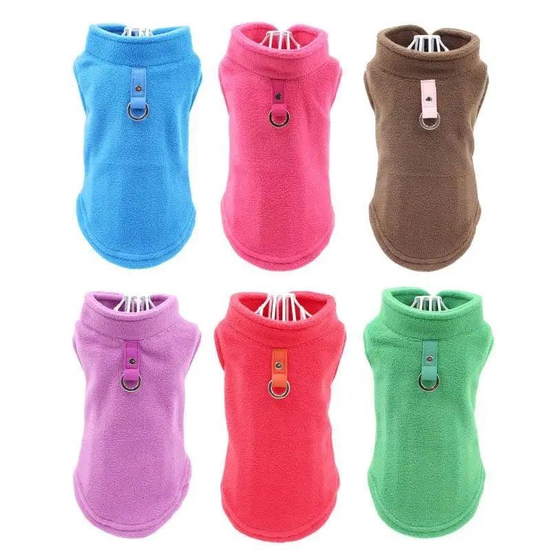 Stevvex dog fleece vest coat set in six candy colors with harness ring for small dogs on Tampa Home & Garden Store