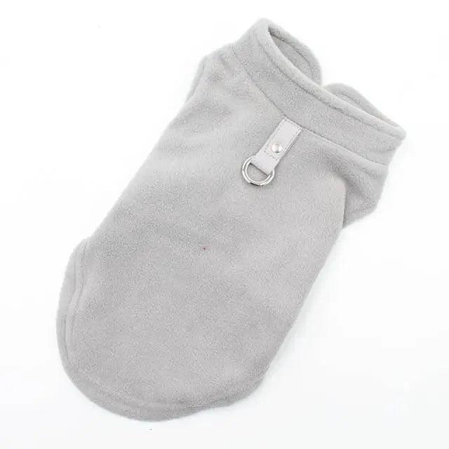Soft gray fleece dog vest for small dogs with metal leash ring on Tampa Home & Garden Store