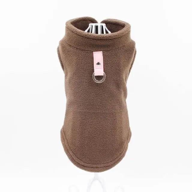 Brown fleece dog vest by Stevvex with pink strap and leash ring for small dogs on Tampa Home & Garden Store
