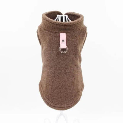 Brown fleece dog vest by Stevvex with pink strap and leash ring for small dogs on Tampa Home & Garden Store