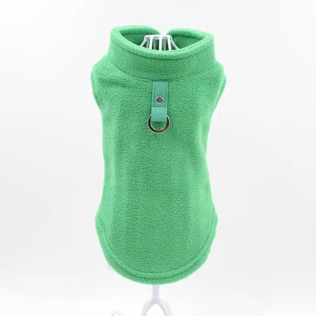 Fleece dog vest for small dogs by Stevvex, green with leash ring on Tampa Home & Garden Store