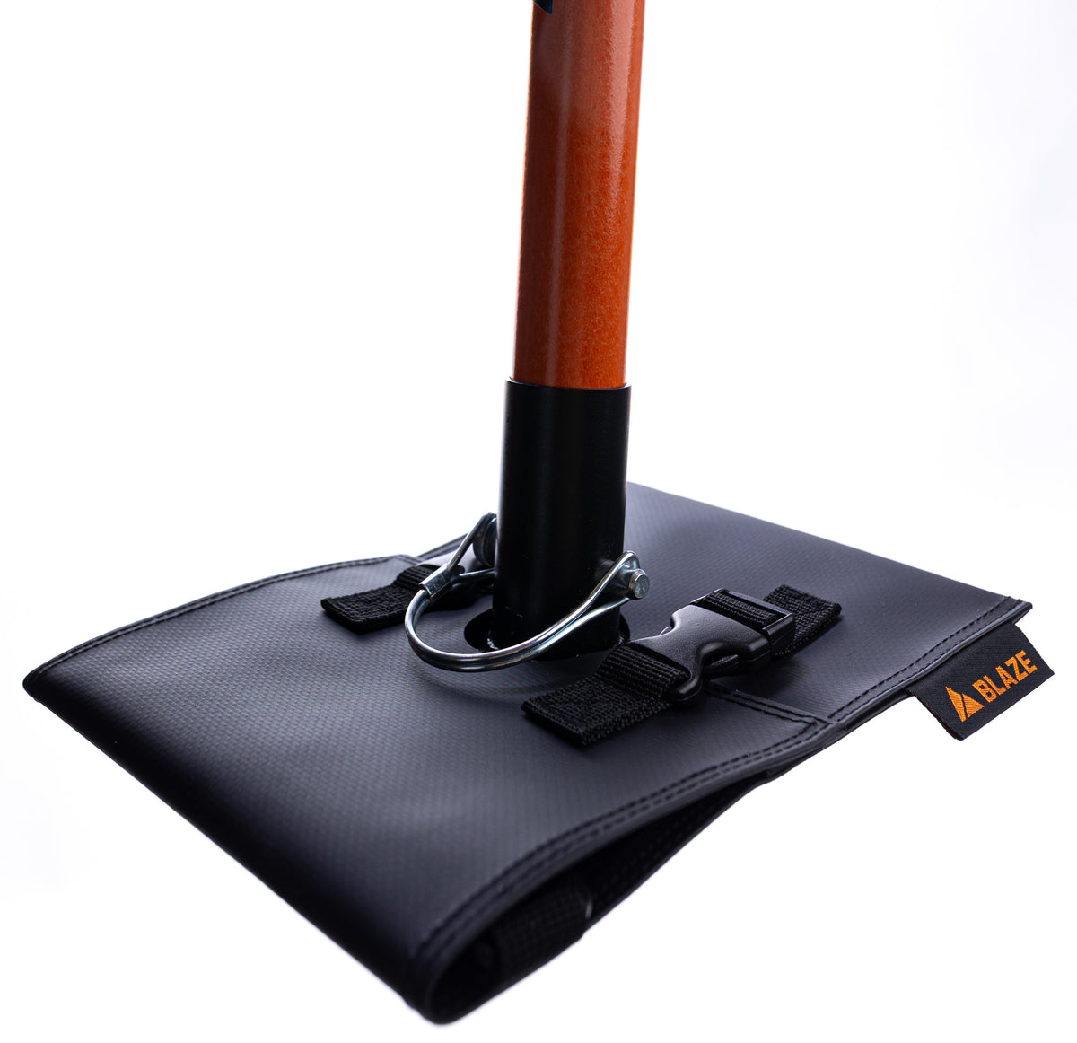 Blaze Cover garden tool accessory with orange wooden shaft and black mounting base on Blaze bag on Tampa Home & Garden Store