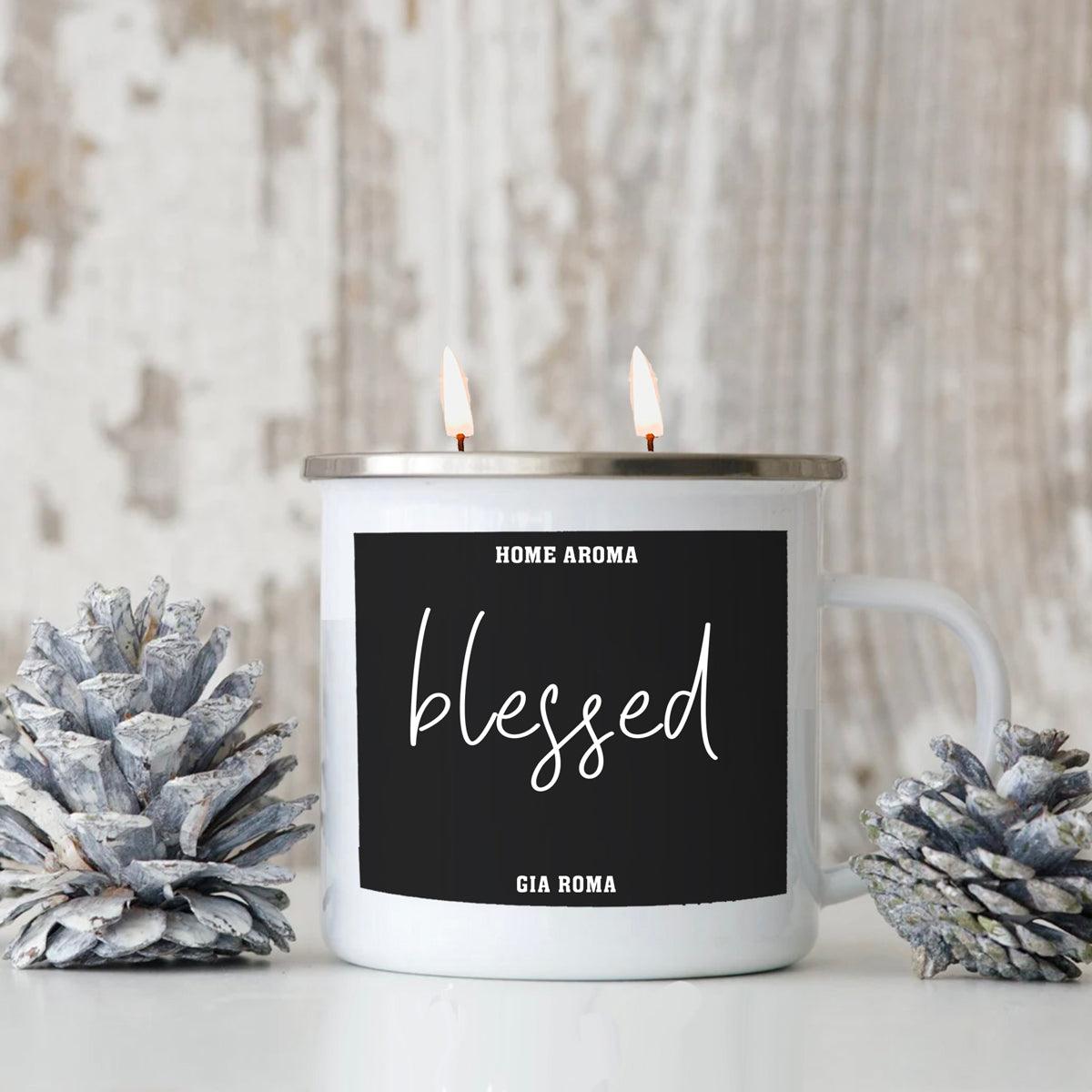 16oz Candle Mug Gia Roma white metal mug with black Blessed label two wicks home fragrance on Tampa Home & Garden Store