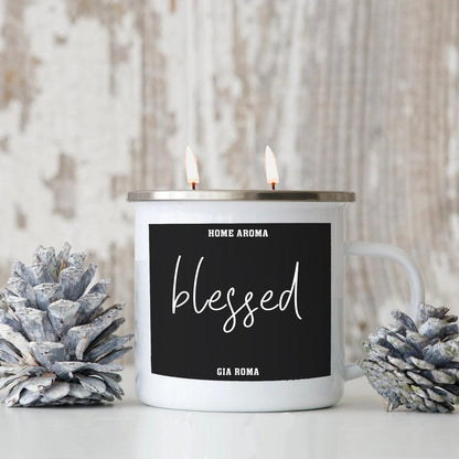 16oz Candle Mug Gia Roma white metal mug with black Blessed label two wicks home fragrance on Tampa Home & Garden Store