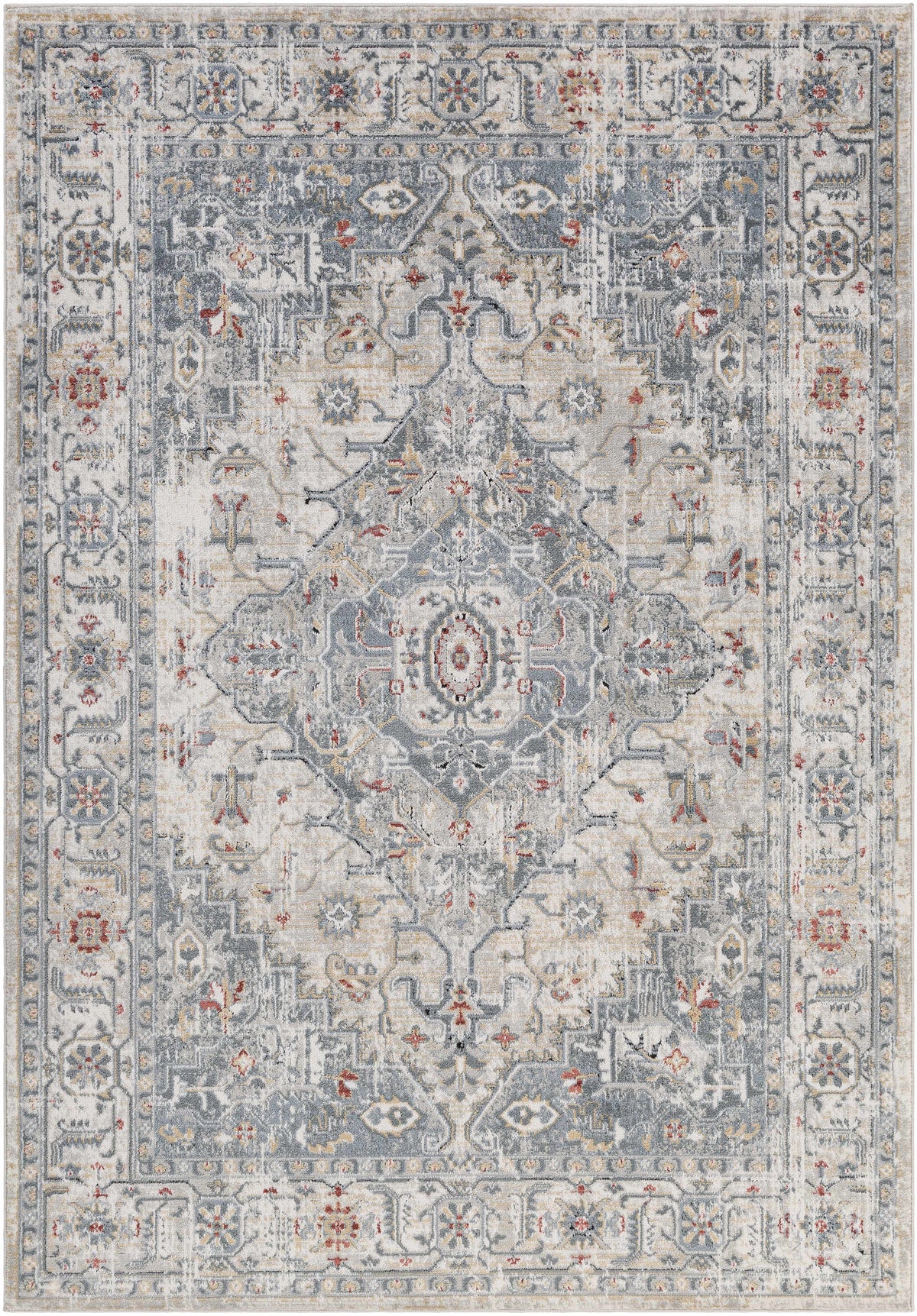 Billings Area Rug in blue-gray distressed pattern with ornate border by Boutique Rugs on Tampa Home & Garden Store