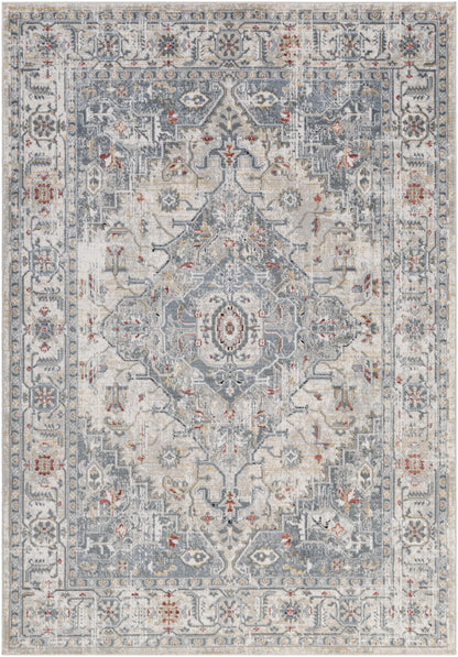 Billings Area Rug in blue-gray distressed pattern with ornate border by Boutique Rugs on Tampa Home & Garden Store