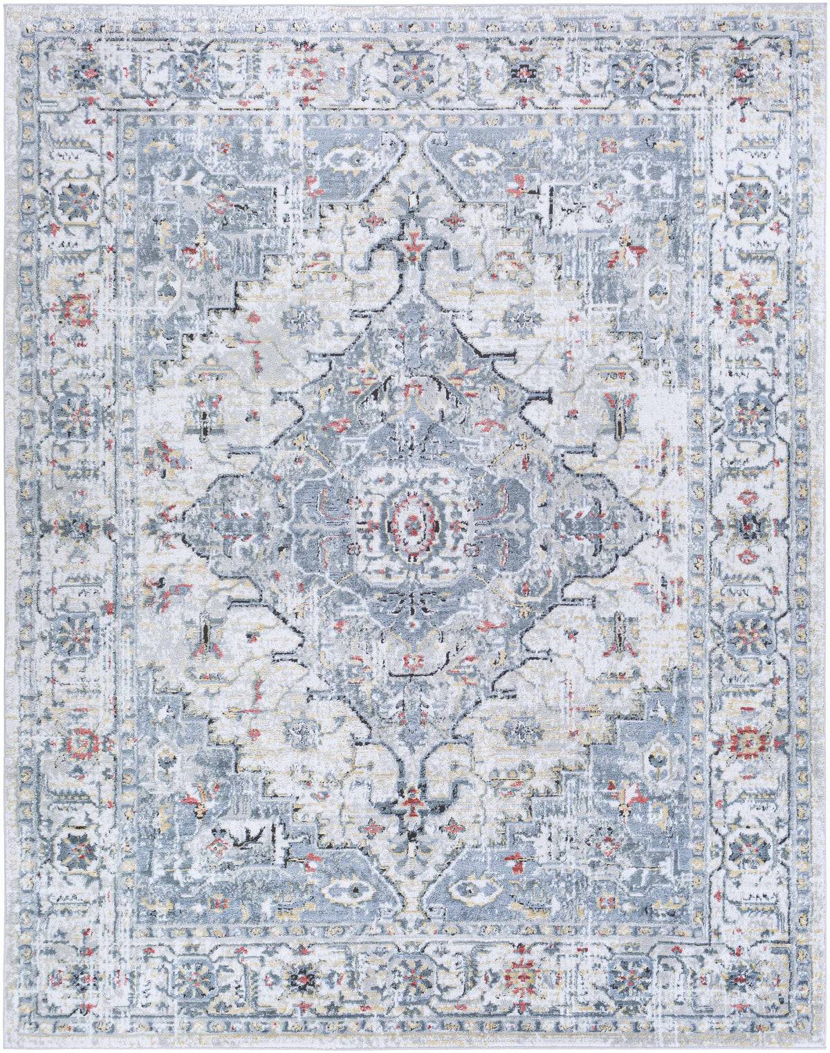 Boutique Rugs Billings Area Rug, distressed blue-gray with ivory medallion & border on Tampa Home & Garden Store
