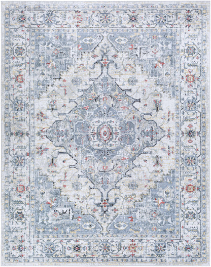 Boutique Rugs Billings Area Rug, distressed blue-gray with ivory medallion & border on Tampa Home & Garden Store