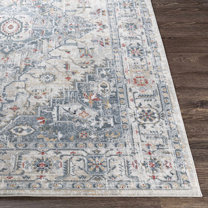 Billings Area Rug from Boutique Rugs in blue ivory ornate border design on wood floor on Tampa Home & Garden Store