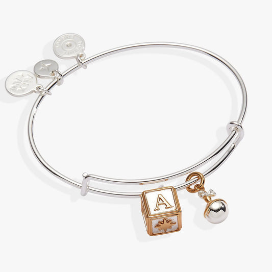 Alex and Ani Baby Block and Rattle Bangle bracelet silver-tone with letter-block charms and rattle charm on Tampa Home & Garden Store