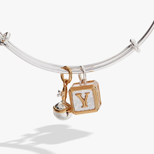 Bracelet Baby Block and Rattle Bangle Alex and Ani, silver cuff with goldtone block charm on Tampa Home & Garden Store