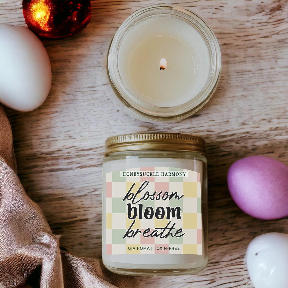 Honeysuckle Harmony Candle by Gia Roma in a glass jar with pastel checkered label toxin-free on Tampa Home & Garden Store