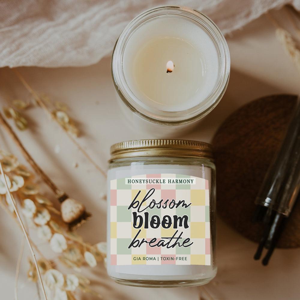 Honeysuckle Harmony Candle Gia Roma toxin-free in a clear glass jar with pastel plaid label on Tampa Home & Garden Store