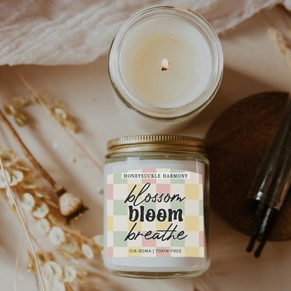 Honeysuckle Harmony Candle Gia Roma toxin-free in a clear glass jar with pastel plaid label on Tampa Home & Garden Store