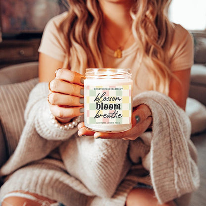 Honeysuckle Harmony Candle by Gia Roma in a clear glass jar with pastel plaid label on Tampa Home & Garden Store