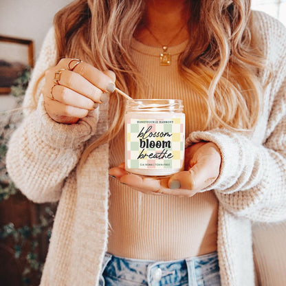 Honeysuckle Harmony Candle by Gia Roma in a clear glass jar with pastel plaid label on Tampa Home & Garden Store