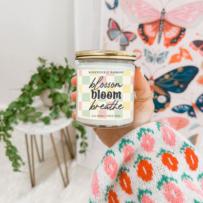 Honeysuckle Harmony Candle by Gia Roma, pastel plaid jar, toxin-free on Tampa Home & Garden Store