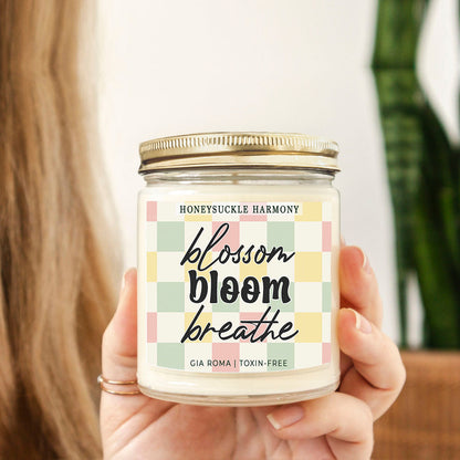 Honeysuckle Harmony Candle by Gia Roma in a clear glass jar with pastel plaid label on Tampa Home & Garden Store