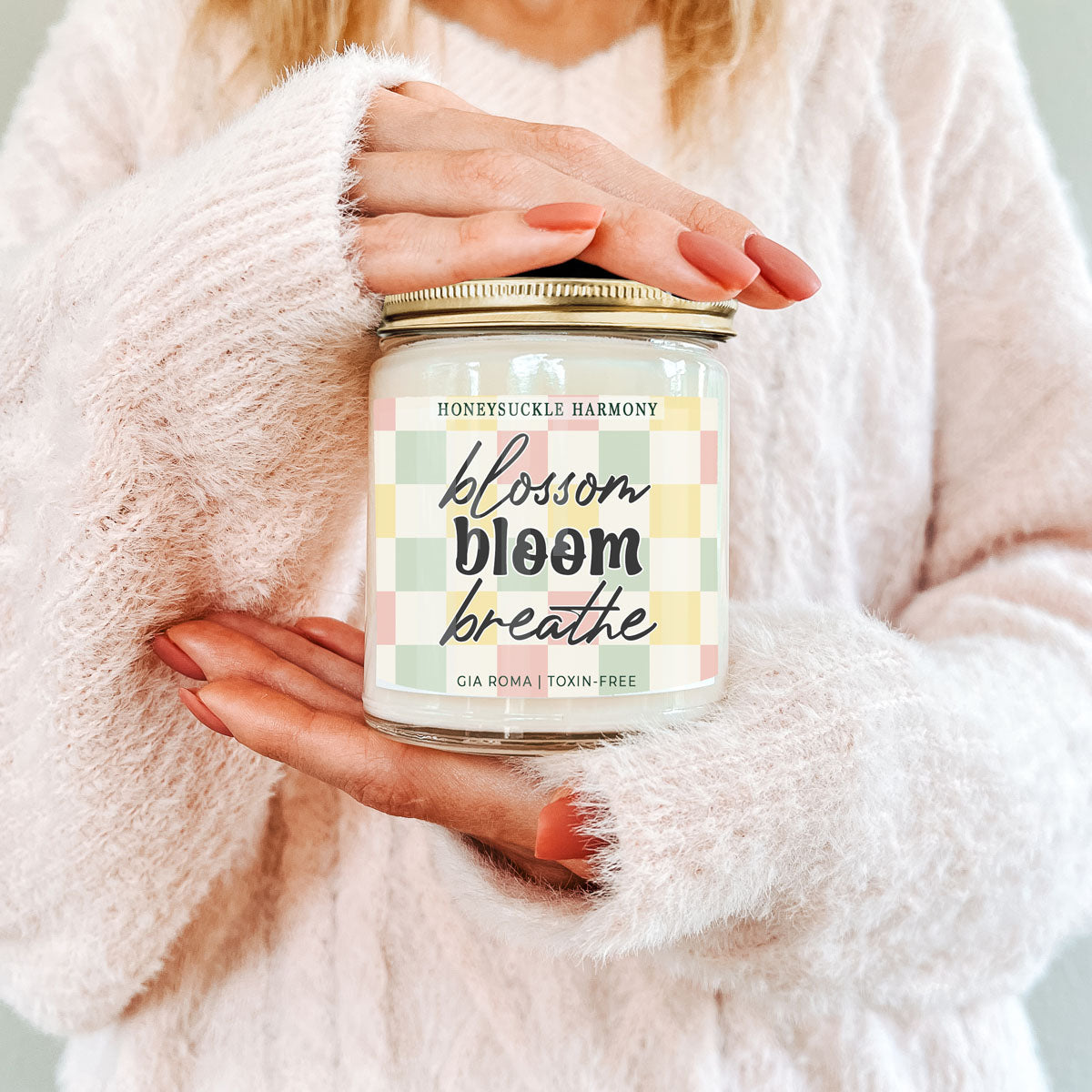 Honeysuckle Harmony Candle by Gia Roma in a glass jar with pastel plaid label on Tampa Home & Garden Store