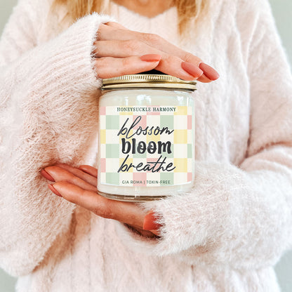 Honeysuckle Harmony Candle by Gia Roma in a glass jar with pastel plaid label on Tampa Home & Garden Store