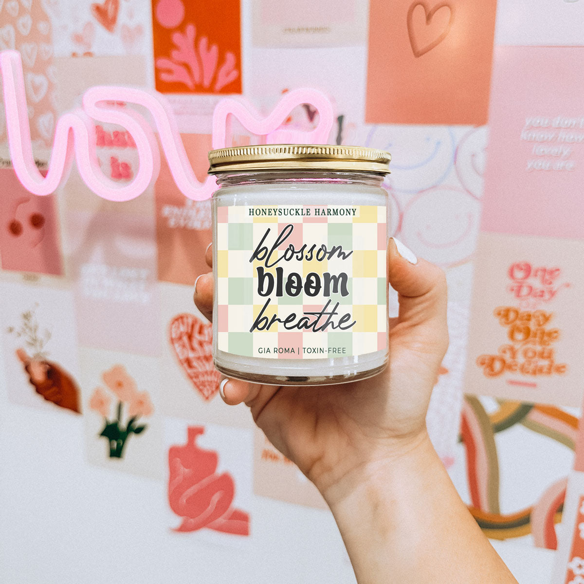 Honeysuckle Harmony candle by Gia Roma in a glass jar with pastel plaid label on Tampa Home & Garden Store