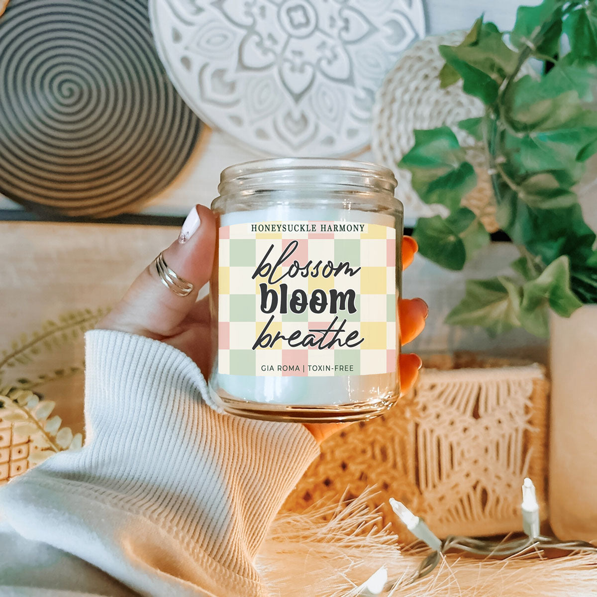 Honeysuckle Harmony Candle glass jar with pastel plaid label blossom bloom breathe by Gia Roma on Tampa Home & Garden Store