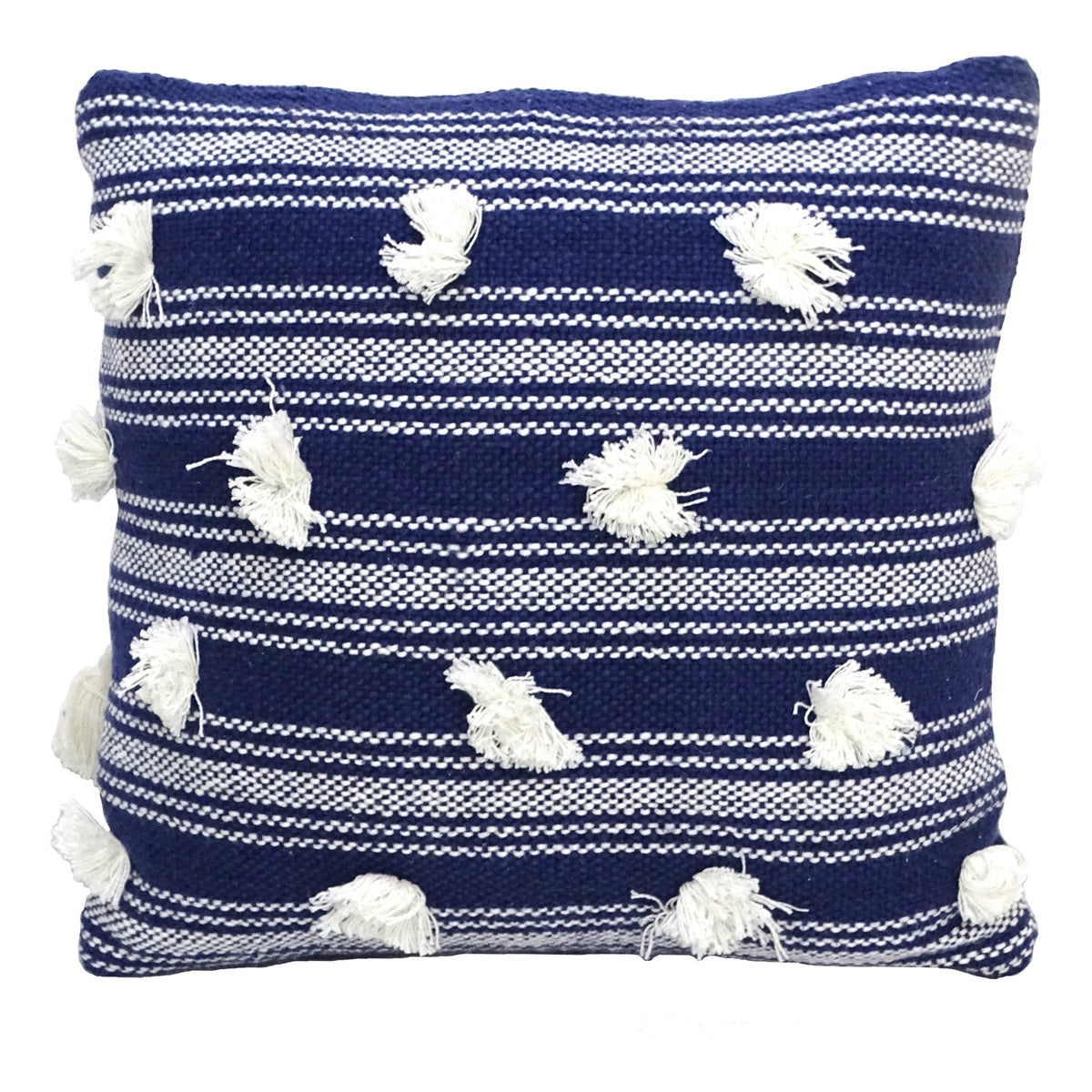 Navy blue 20x20 decorative throw pillow with white tassels and pom poms in a striped weave on Tampa Home & Garden Store