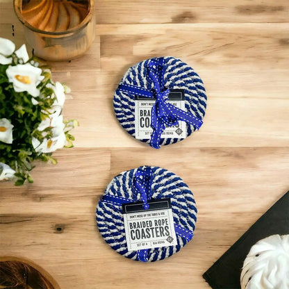 Blue and White Braided Rope Coasters Set of 4