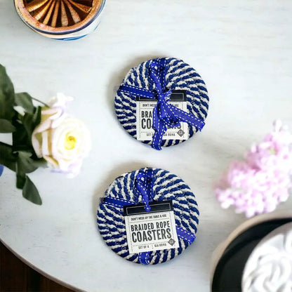 Blue and White Braided Rope Coasters Set of 4