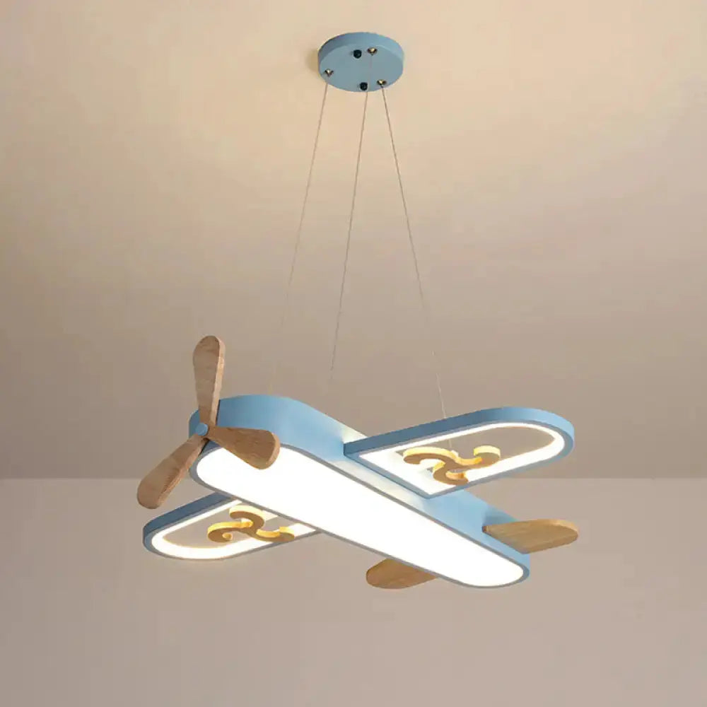 Blue airplane LED chandelier, stepless dimming, Decorbites lamp with wooden propellers on Tampa Home & Garden Store