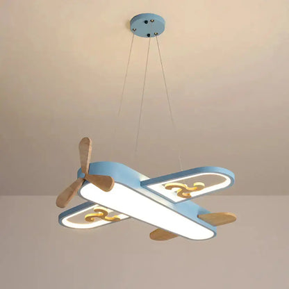 Blue airplane LED chandelier, stepless dimming, Decorbites lamp with wooden propellers on Tampa Home & Garden Store