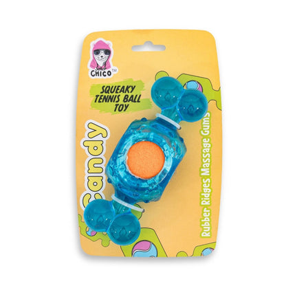 Pelota de tenis chirriante para perros, inspirada en caramelos azules. Juguete masticable de TPR, duradero y que promueve la salud dental.