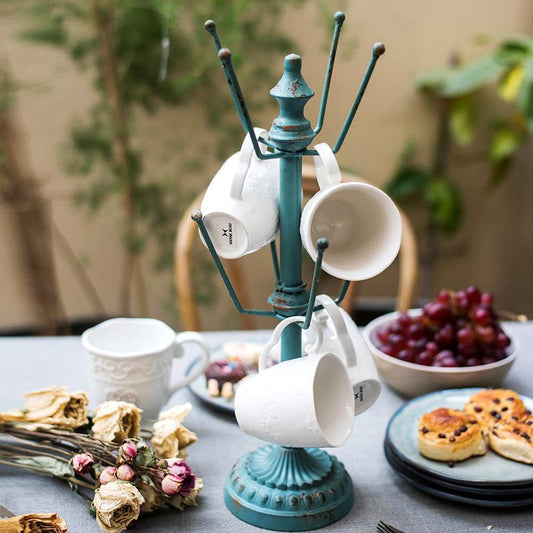 Blue RusticReach cup holder planter stand with hanging white mugs on Tampa Home & Garden Store