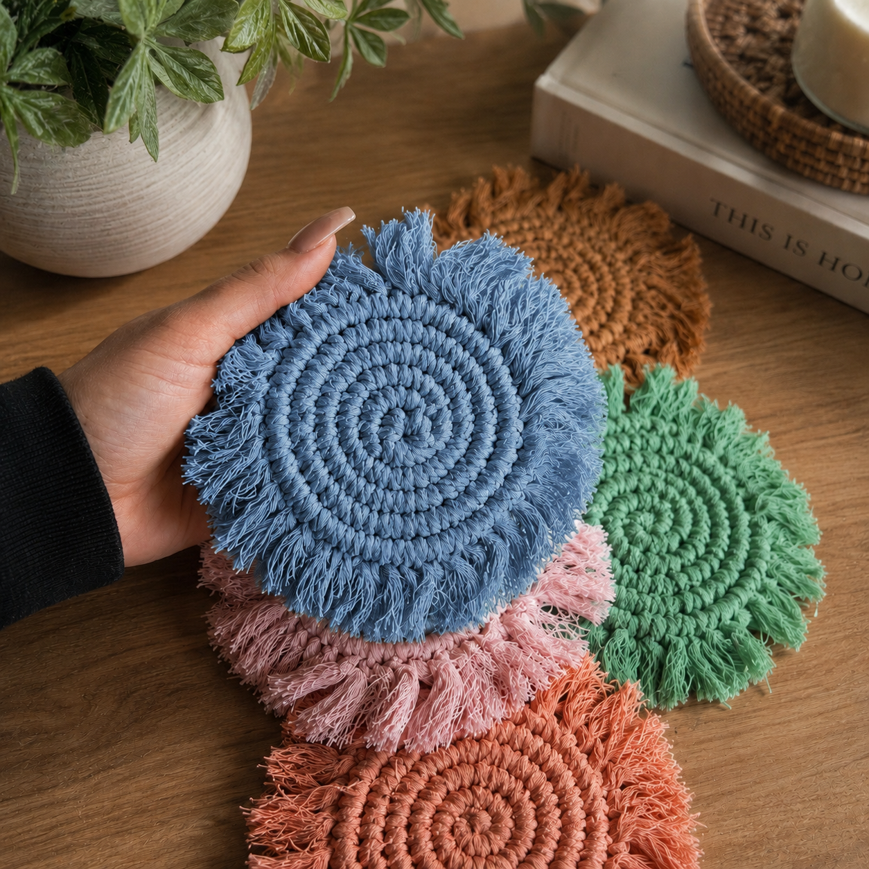 Sous-verres tressés à pompons pastel