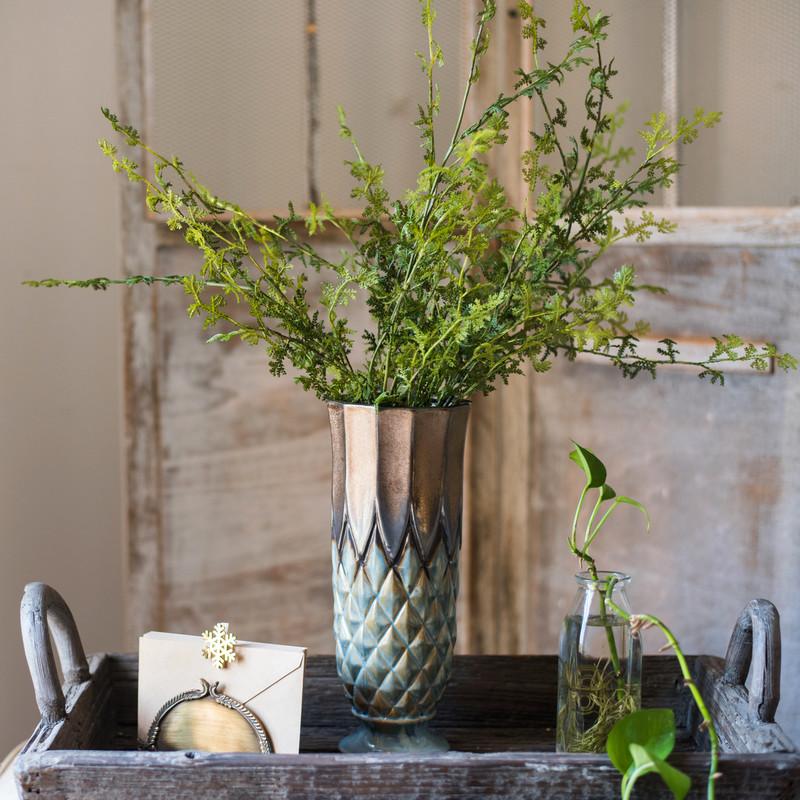 Blue Gold Grid Pattern Glazed Ceramic Vase by RusticReach; vase with blue-gold glaze on Tampa Home & Garden Store