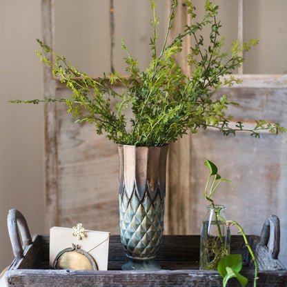 Blue Gold Grid Pattern Glazed Ceramic Vase by RusticReach; vase with blue-gold glaze on Tampa Home & Garden Store