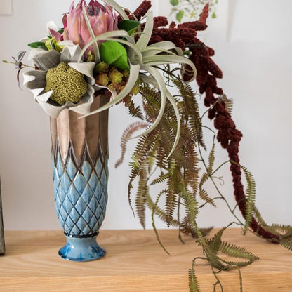 Blue Gold Grid Pattern Glazed Ceramic Vase RusticReach with protea on Tampa Home & Garden Store