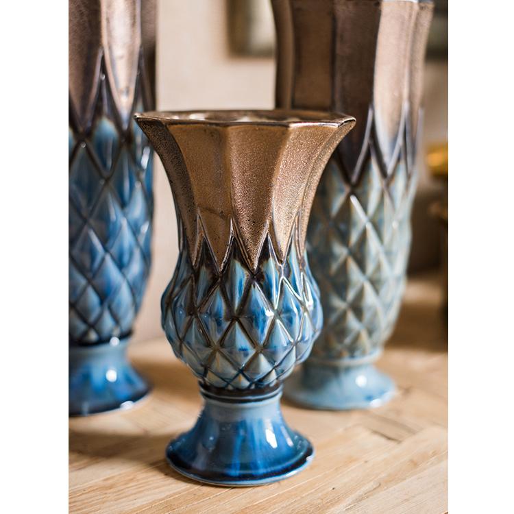 Blue gold glazed ceramic vase collection by RusticReach, grid pattern, set of 3 vases on Tampa Home & Garden Store
