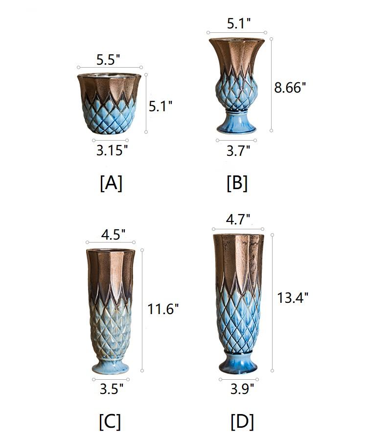 Ceramic vase collection in blue and gold grid glaze, RusticReach 4-piece set (A–D) on Tampa Home & Garden Store