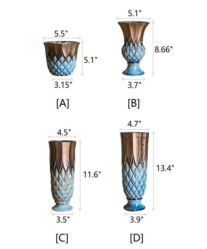 Ceramic vase collection in blue and gold grid glaze, RusticReach 4-piece set (A–D) on Tampa Home & Garden Store